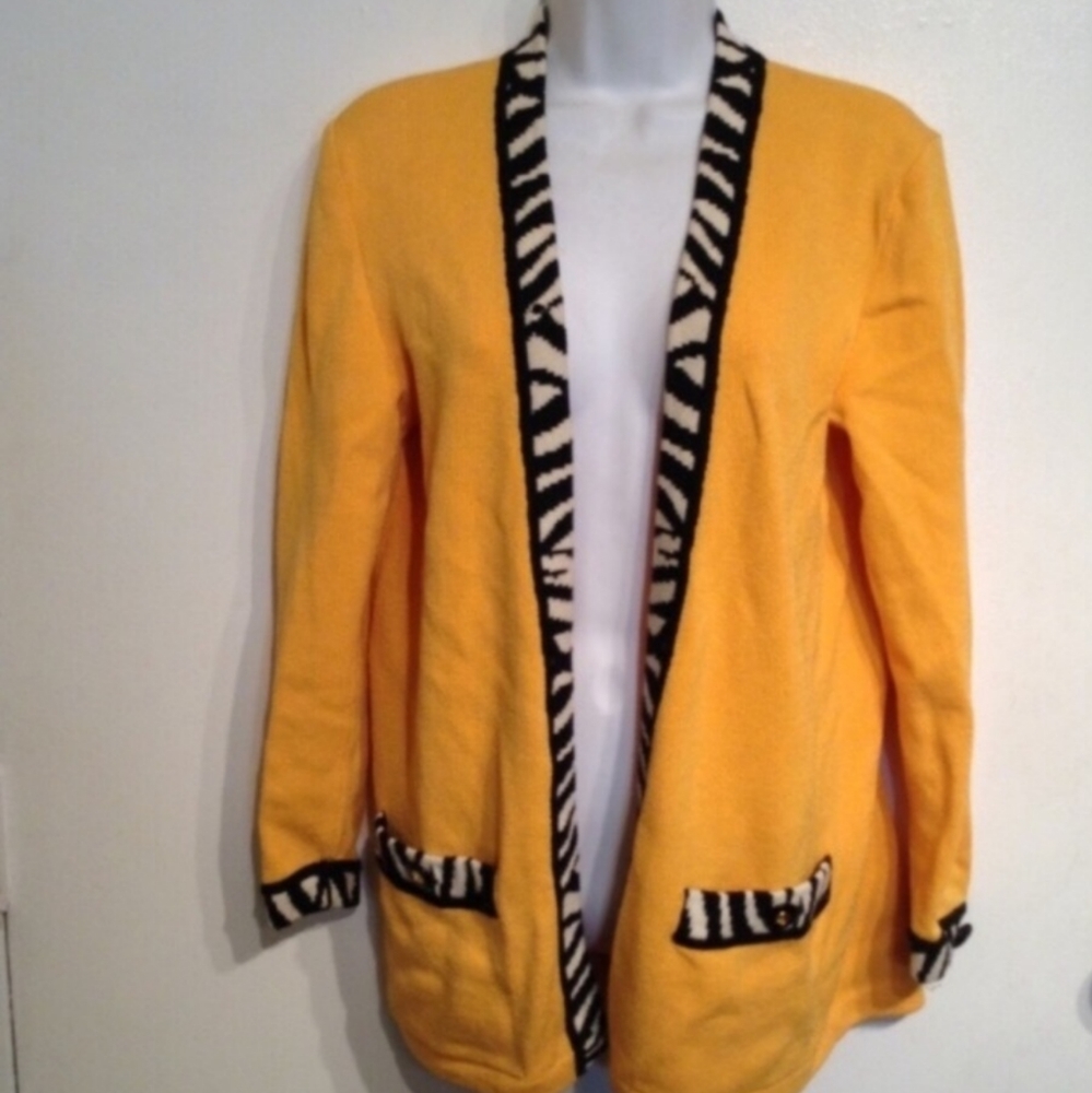 St. John Collection Gold Cardigan Sweater with Chevron Trim